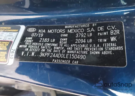 2020 Kia Forte Lxs z USA, uszkodzony, nr VIN 3KPF24AD0LE150490